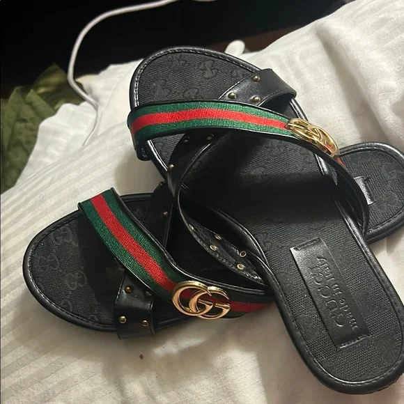 Gucci | Shoes | Gucci Black And Green Sandals With Iconic Gg  display picture 1
